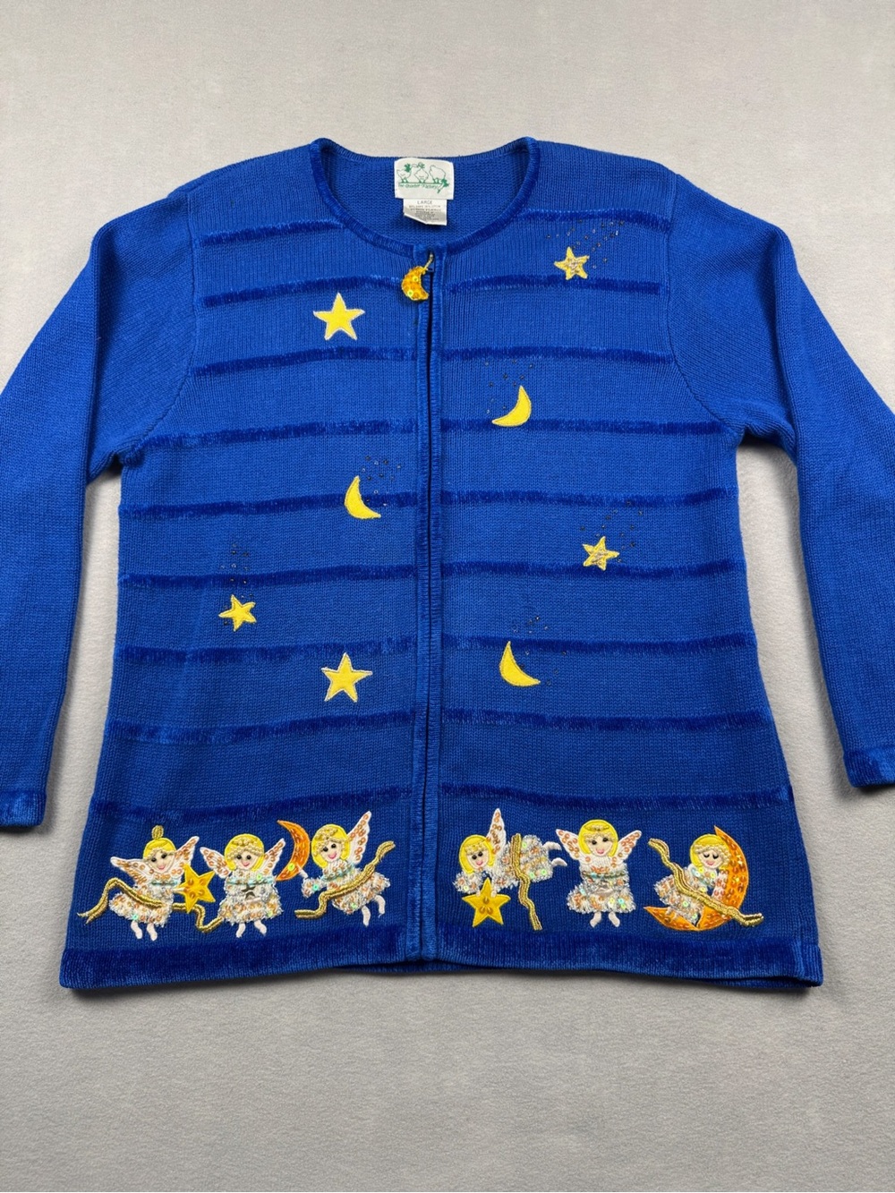 The Quacker Factory Full Zip Sweater Cardigan Womens Large Blue Knit Angel Star